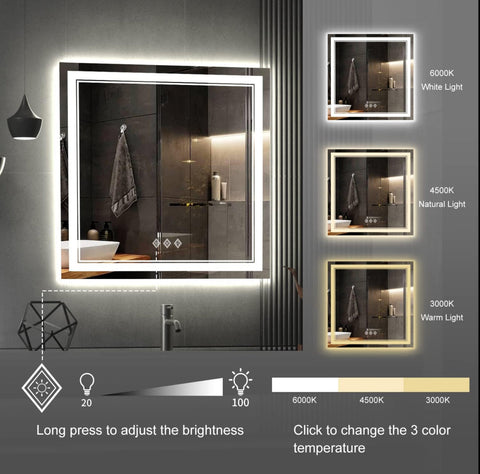 VanPokins LED Bathroom Mirror, 32x32 Inch Gradient Front and Backlight Lighted Vanity Mirror, 3 Colors Dimmable CRI>90 Double Lights, IP54 Enhanced Anti-Fog, Hanging Plates Wall Mount Bathroom Mirror