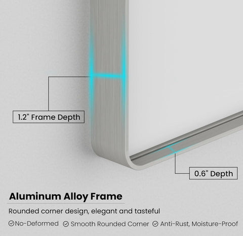 40 x 36 Inch Brushed Silver Bathroom Mirror, Rectangular Metal Framed Mirror for Bathroom Vanity, Bedroom Home Decor Mirros, Rounded Corner,Tempered Glass, Anti-Rust(Horizontal/Vertical)