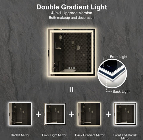 VanPokins LED Bathroom Mirror, 32x32 Inch Gradient Front and Backlight Lighted Vanity Mirror, 3 Colors Dimmable CRI>90 Double Lights, IP54 Enhanced Anti-Fog, Hanging Plates Wall Mount Bathroom Mirror