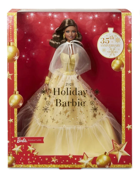 2023 Holiday Barbie Doll  Seasonal Collector Gift  Golden Gown and Dark Brown Hair